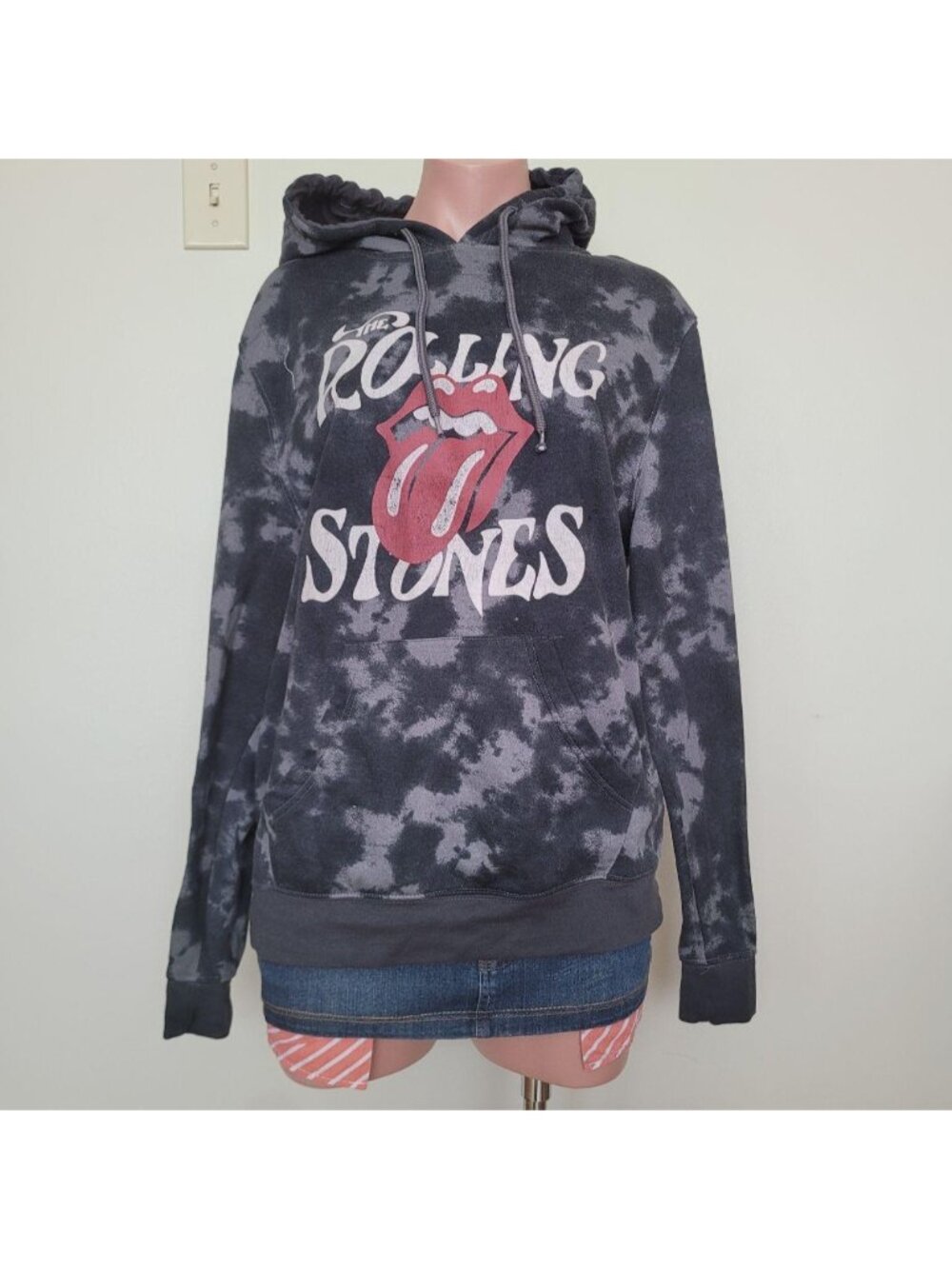 The Rolling Stones Graphic Print Black Grunge Rockstar Hooded Sweatshirt (M)